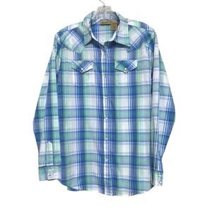 Wrangler Women's Western Style Pearl Snap Shirt Blue/Green Plaid Print Large